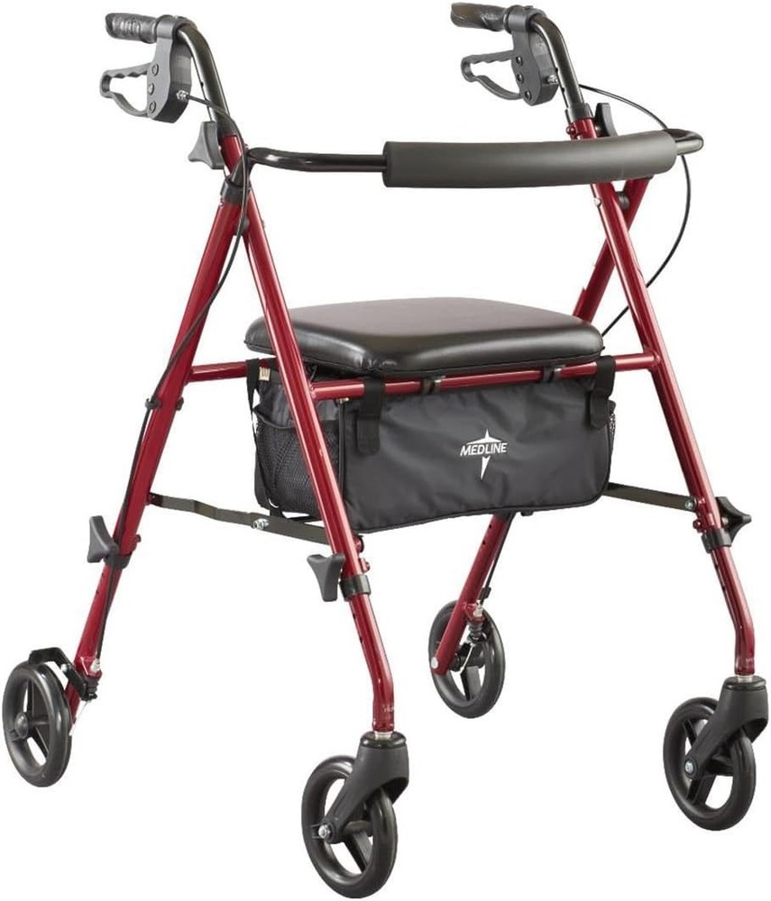 Medline Superlight Folding Aluminum Mobility Rollator Walker, Red