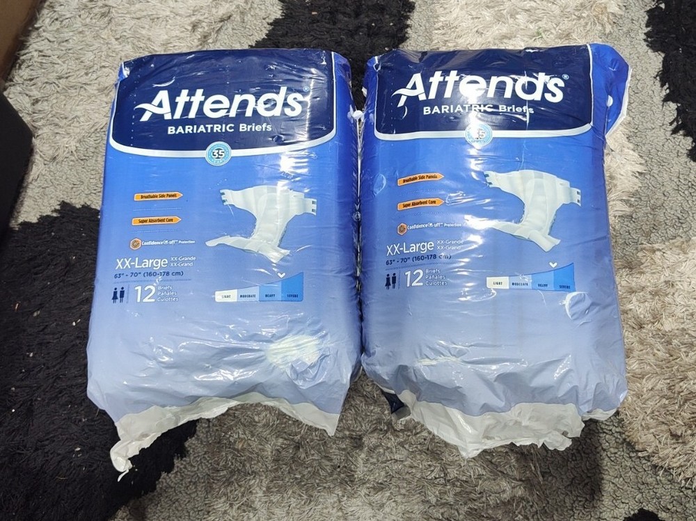 (2) NEW Packages Of Attends Adult Bariatric Briefs XXL 12Ct 63” – 70” ~