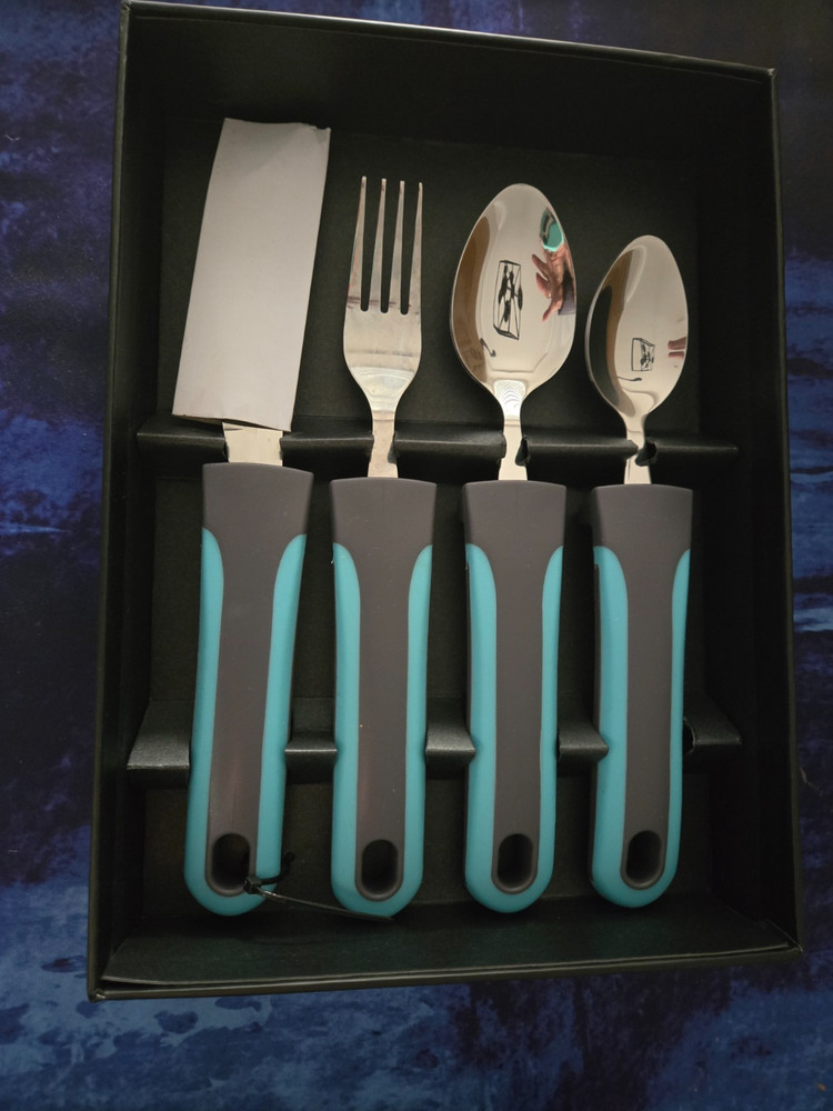 BunMo Adaptive 4pc Dinner Set Medium Weight Stainless Steel Blue Gray