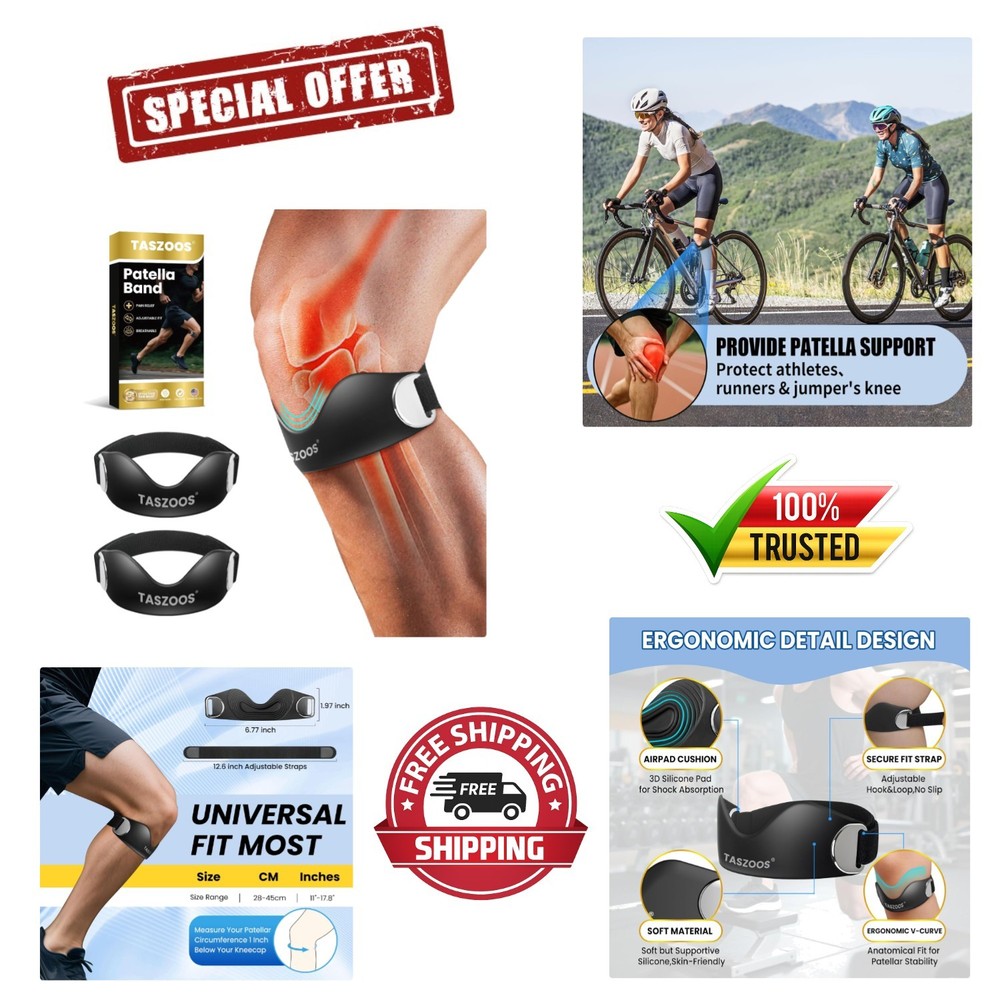 2 Pack Patellar Tendon Support Straps, Adjustable Non-slip 2-Pack, Black