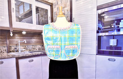 Adult Dining Oilcloth Bib,Blue Plaid,Pink Lace Collar,Loop&Hook Closure,2Pockets