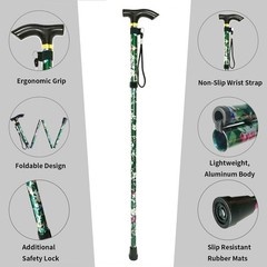 Portable Floral Folding Cane with Adjustable Height & Wrist Strap for Comfort