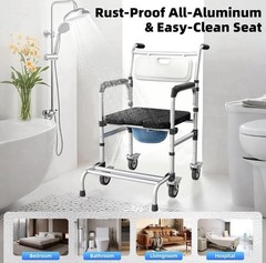 4-in-1 Adjustable Height Bedside Commode or Shower Chair w/ Wheels, 350 lb