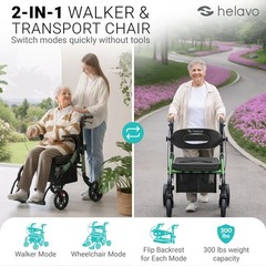 Helavo 2-in-1 Rollator Walker Wheelchair Combo, Foldable, 300lbs Capacity