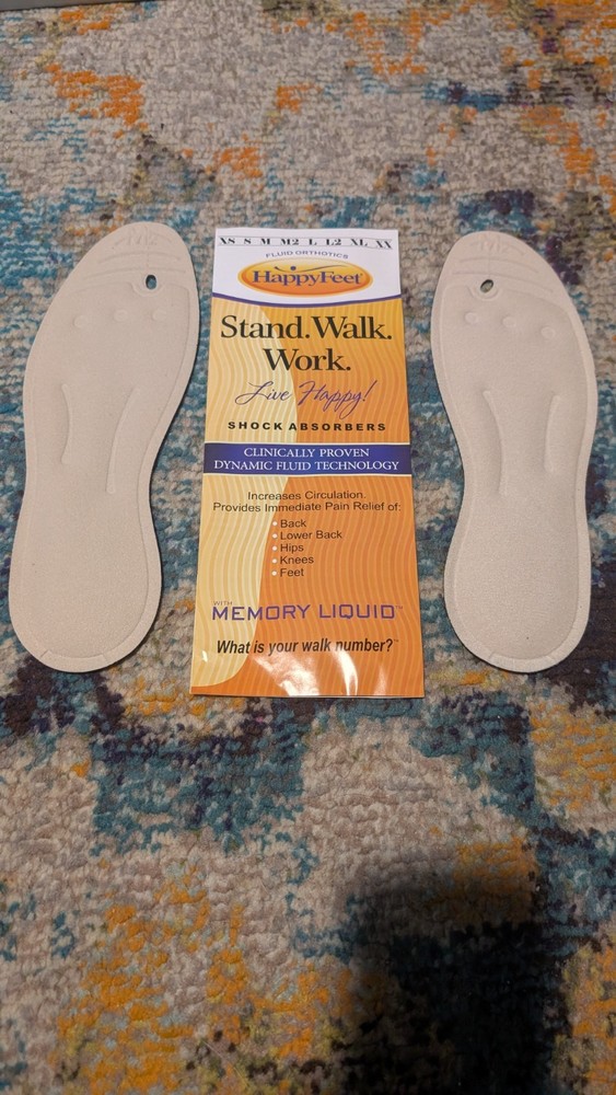 HAPPY FEET Fluid Orthotics Insoles Liquid Shock Absorbers Sz M2 M 7.5-9 W 9-10.5