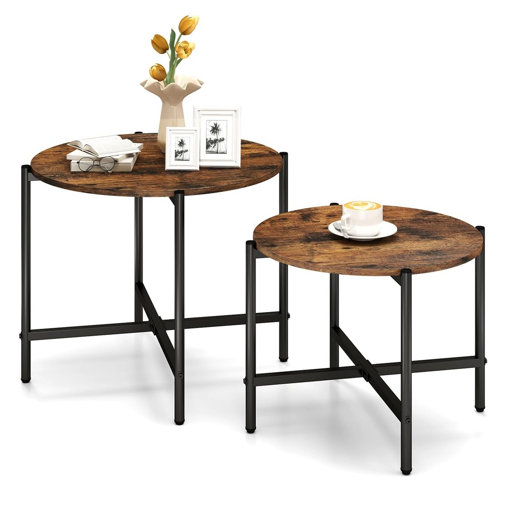 Goflame Nesting Coffee Set Of 2 Round Coffee Tables Wood Metal Frame Modern