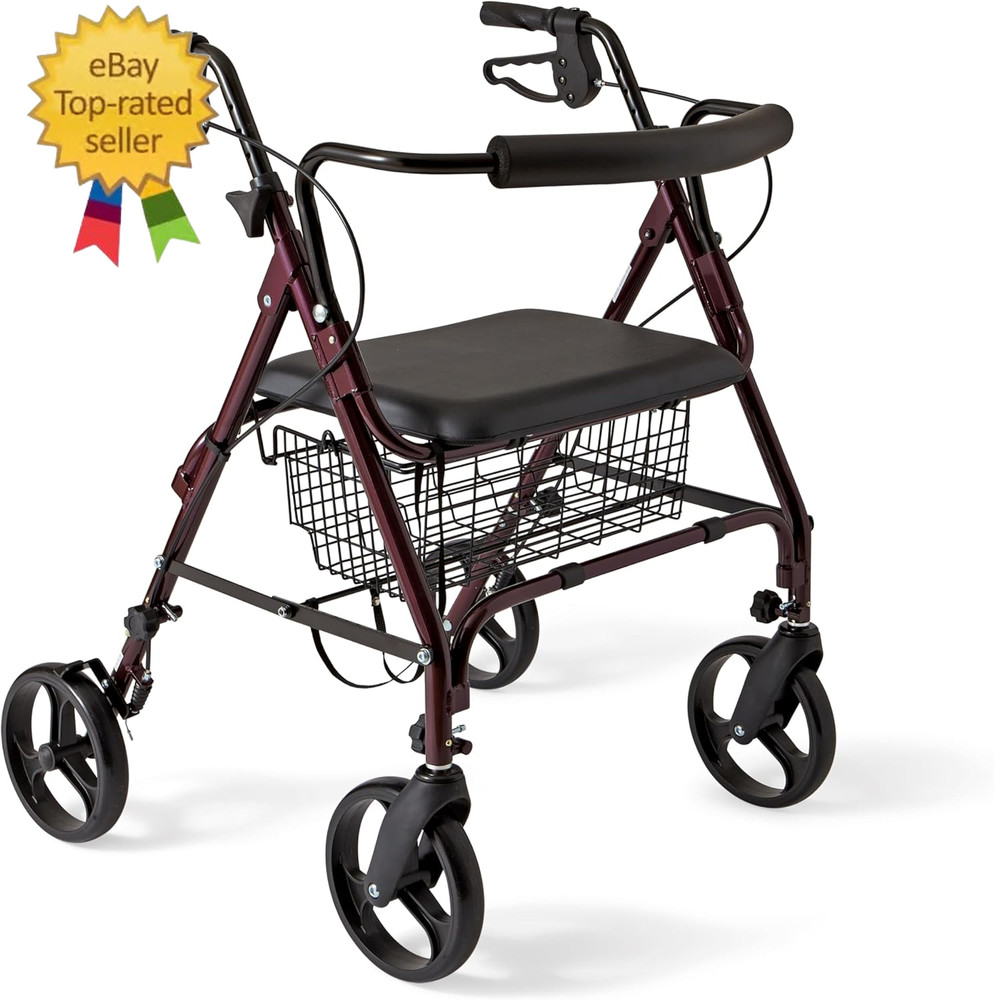 Large Extra Wide Aluminum Bariatric Rollator Walker with Seat, Burgundy, 400 Lb.