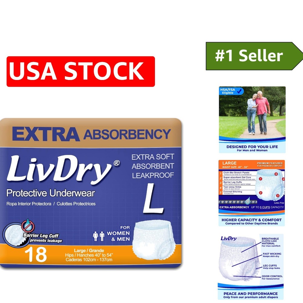 Extra Absorbent Adult Incontinence Underwear, Large Size, 18 Count, Leak-Proof