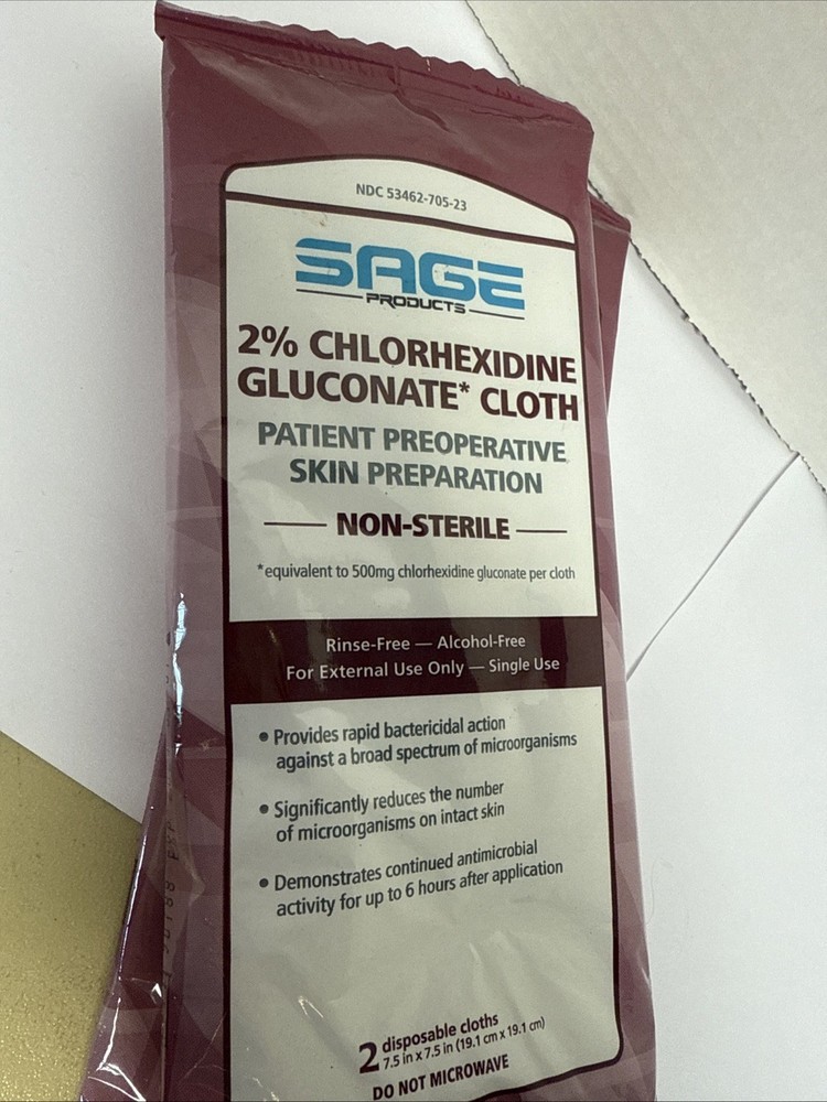 Sage 2% Chlorhexidine Gluconate Cloth PreOp Prep 3 Sealed Packs Total Six Cloths