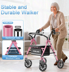 Walkers for Seniors with Seat, Pink Rollator, 16 lb, Adjustable, 22″ Wide