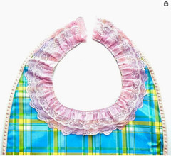 Adult Dining Oilcloth Bib,Blue Plaid,Pink Lace Collar,Loop&Hook Closure,Pocket