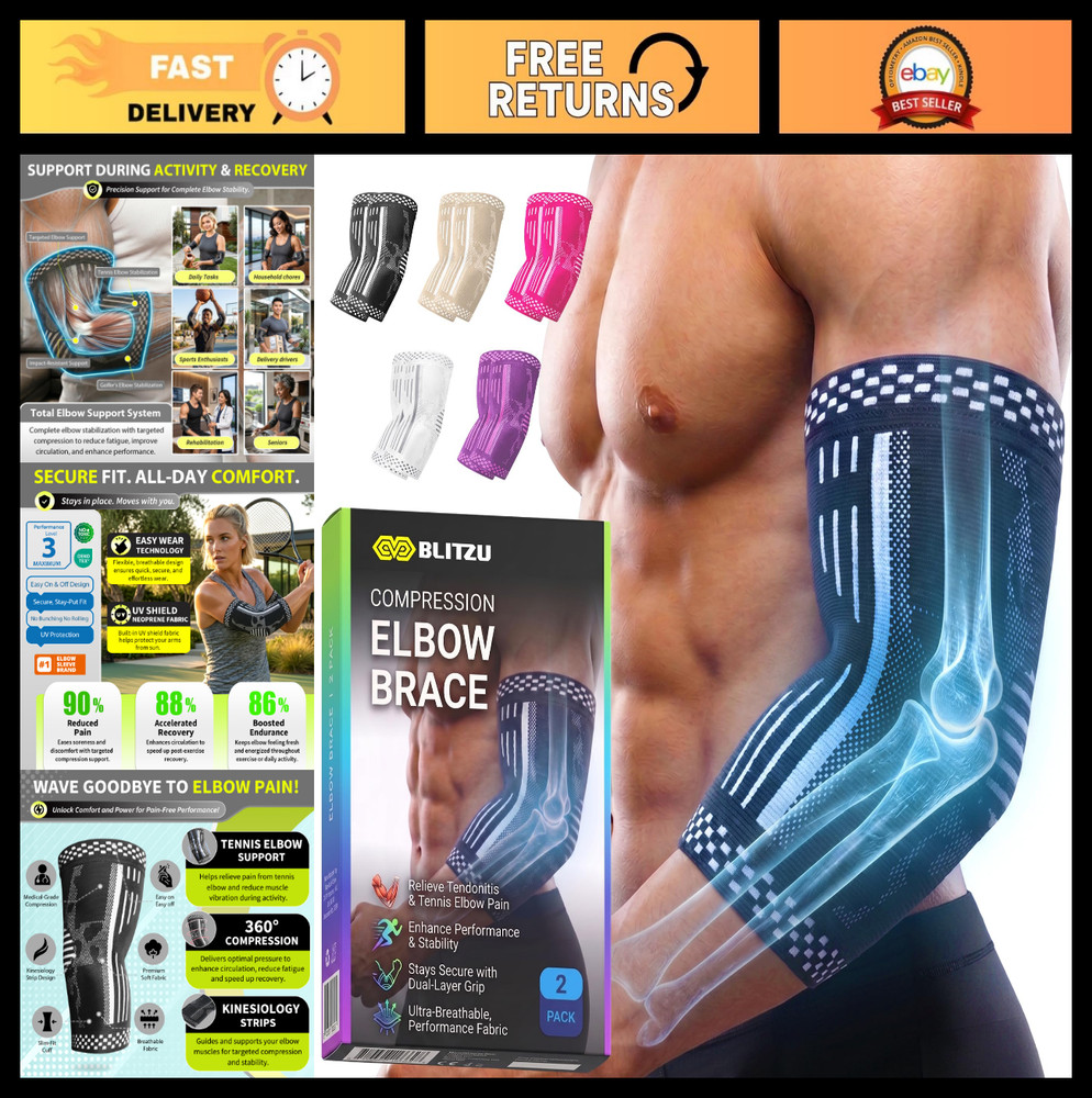 Elbow Compression Sleeve 2 Pack – Tennis & Golf Pain Relief Brace for Tendonitis