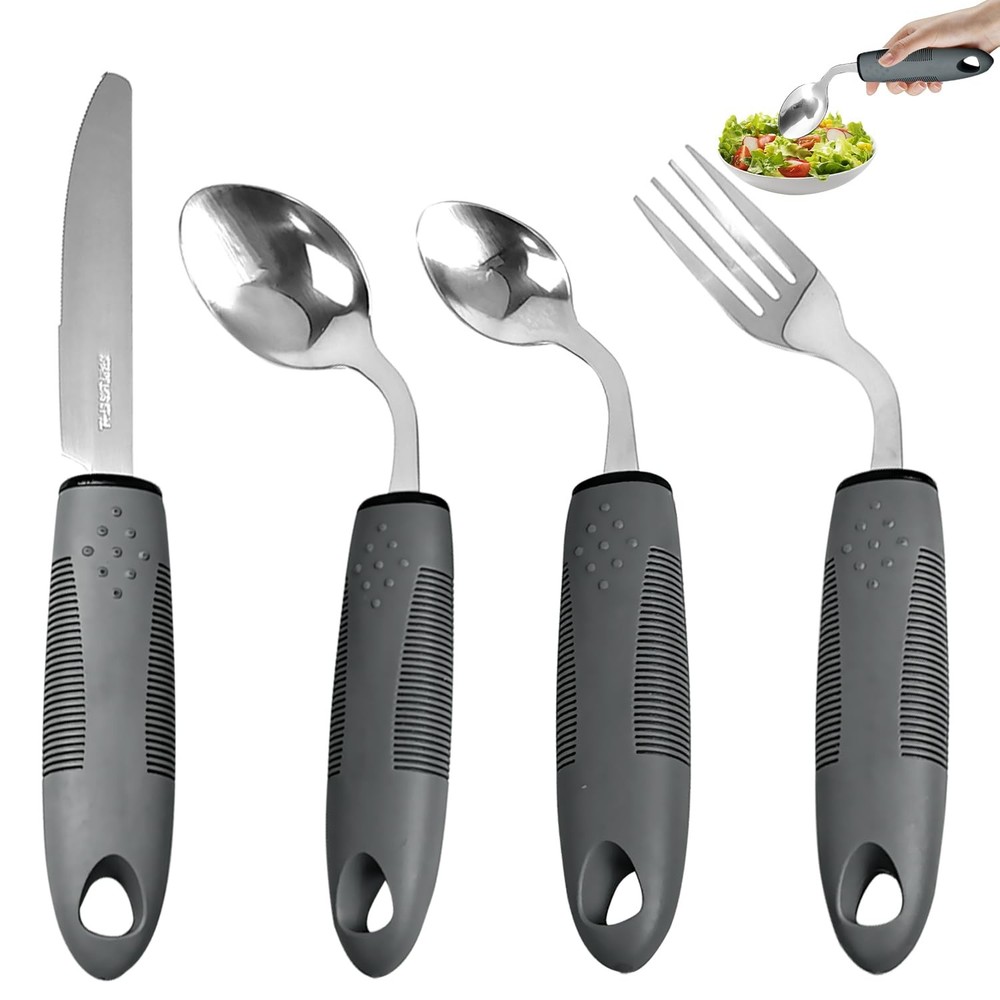Weighted Adaptive Utensils, 4-Pcs Utensils for Hand Tremors Silver