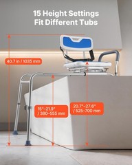 Heavy-Duty Sliding Shower Bench: 400lb, Swivel Seat, 15-Level Height Adjustment