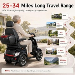 4 Wheel Mobility Scooter 1000W 60V 20Ah 3 Speeds – 6.2/9.3/15.5 mph 500 lbs Load