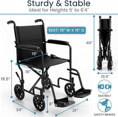 Vive Lightweight Folding Transport Wheelchair – Portable & Pre-Assembled