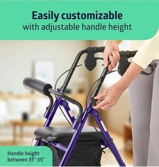 Medline 4-Wheel Rollator Walker Purple/Black Seat Foldable 250 lb MDS86850EP