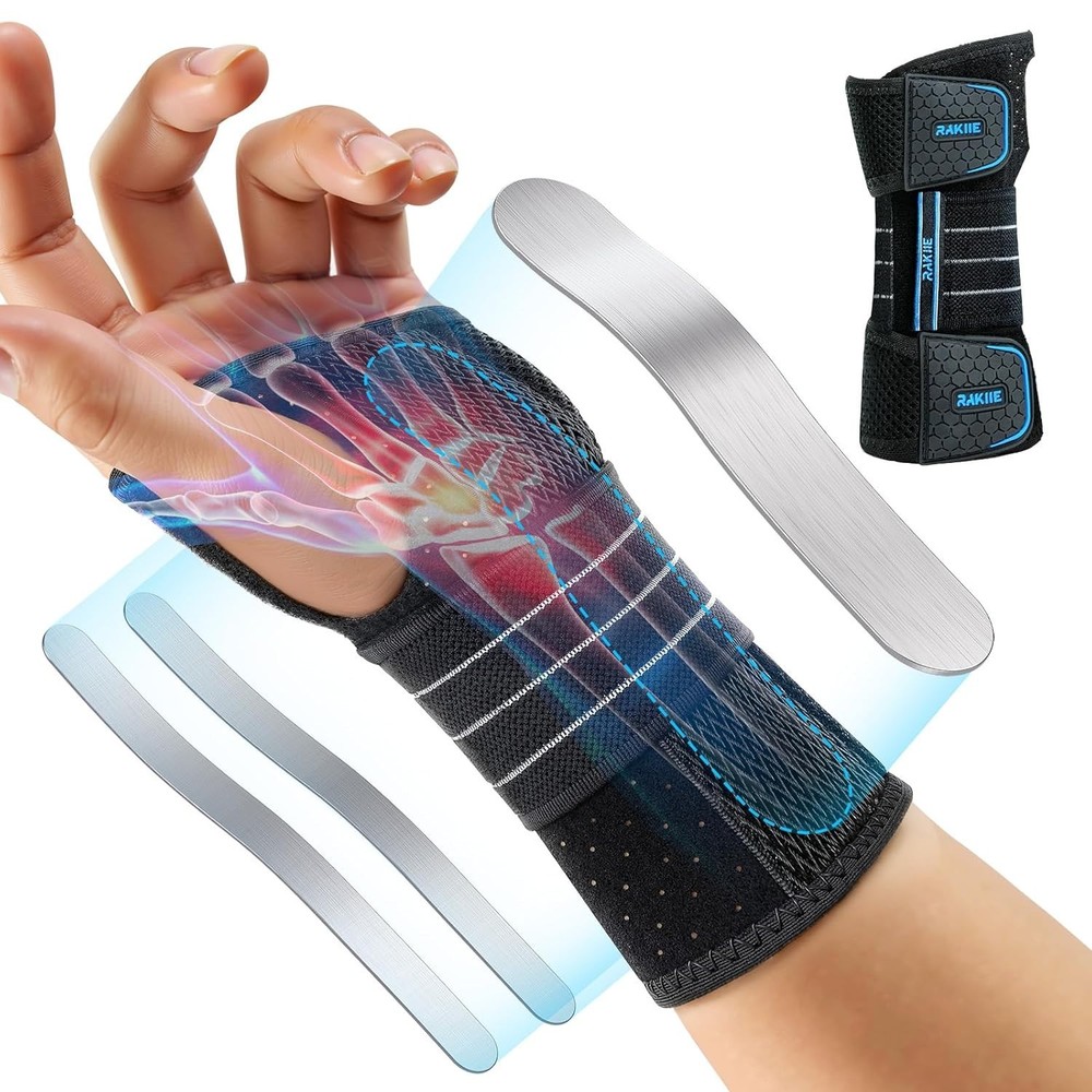 Rakiie Carpal Tunnel Wrist Brace Left Hand Blue 3 Metal Splints Support