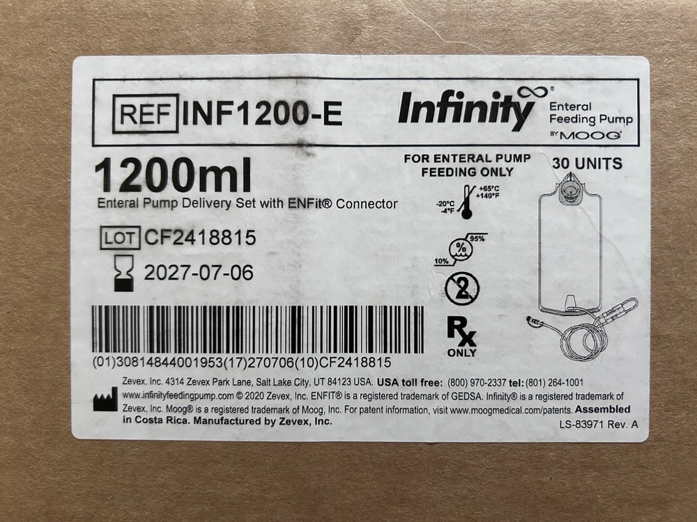 Infinity 1200mL Enteral Pump Delivery Set ENFit Connector. 30 bags 1 case