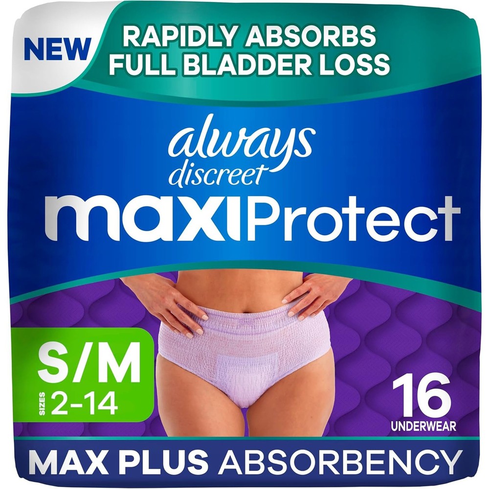 Always Discreet MaxiProtect Adult Diapers for Women, Maximum Absorb, S/M, 16 Ct