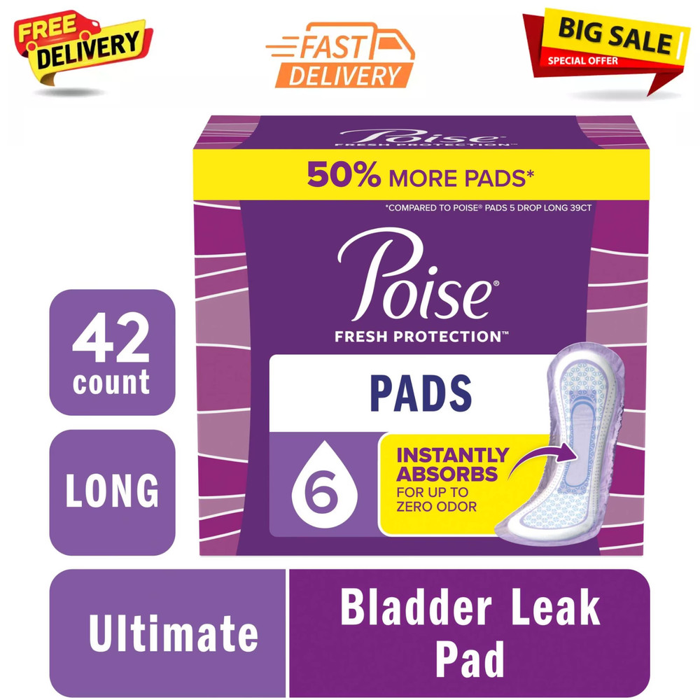 Poise Incontinence Pads for Women, 6 Drop Ultimate Absorbency, Long Length, 42Ct