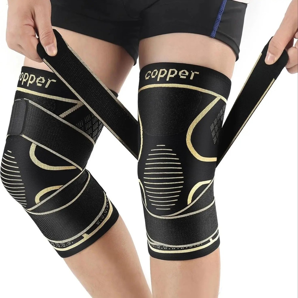 Copper Knee Brace with Strap Compression Sleeve Support for Men Women Sports