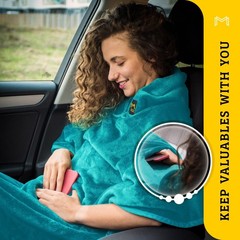 MasterManner Travel Blanket Airplane Compact with Hoodie – 2in1 62×41“, Teal