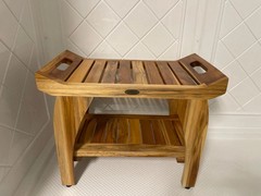 Solid Teak Shower Bench w/Shelf Arms Scandinavian Vibe Bath Spa Safety Seat 24″