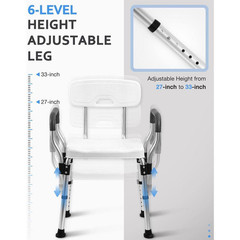 16 In. Heavy Duty Aluminum Shower Seat with Back, Arms and Adjustable Height for