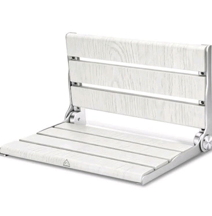 16″ Wall Mounted Shower Seat, White Teak Fold Down Bench for Elderly, Disabled