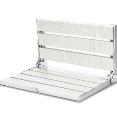 16″ Wall Mounted Shower Seat, White Teak Fold Down Bench for Elderly, Disabled