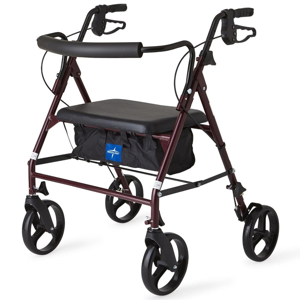 Medline Heavy Duty Steel Bariatric Rollator, 500 lb Weight Capacity, Burgundy