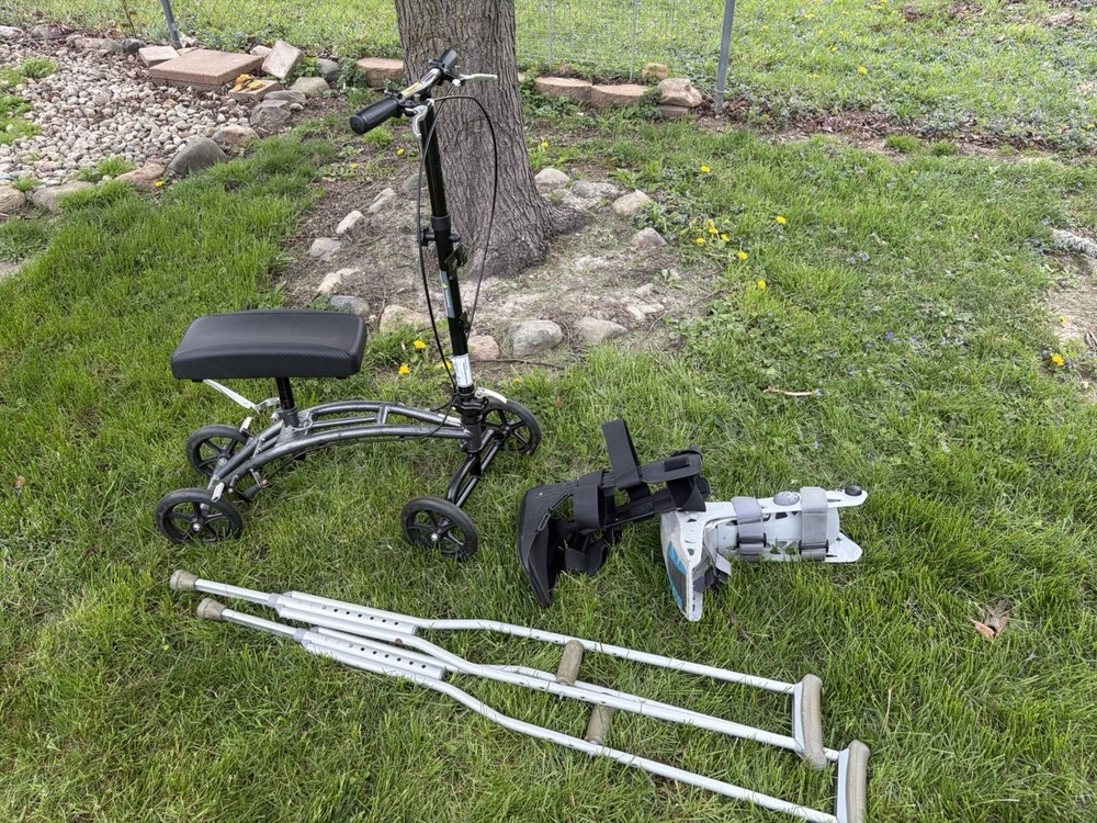 Adjustable Knee Walker, Crutches & Orthopedic Boot Set, Adult, Silver/Black