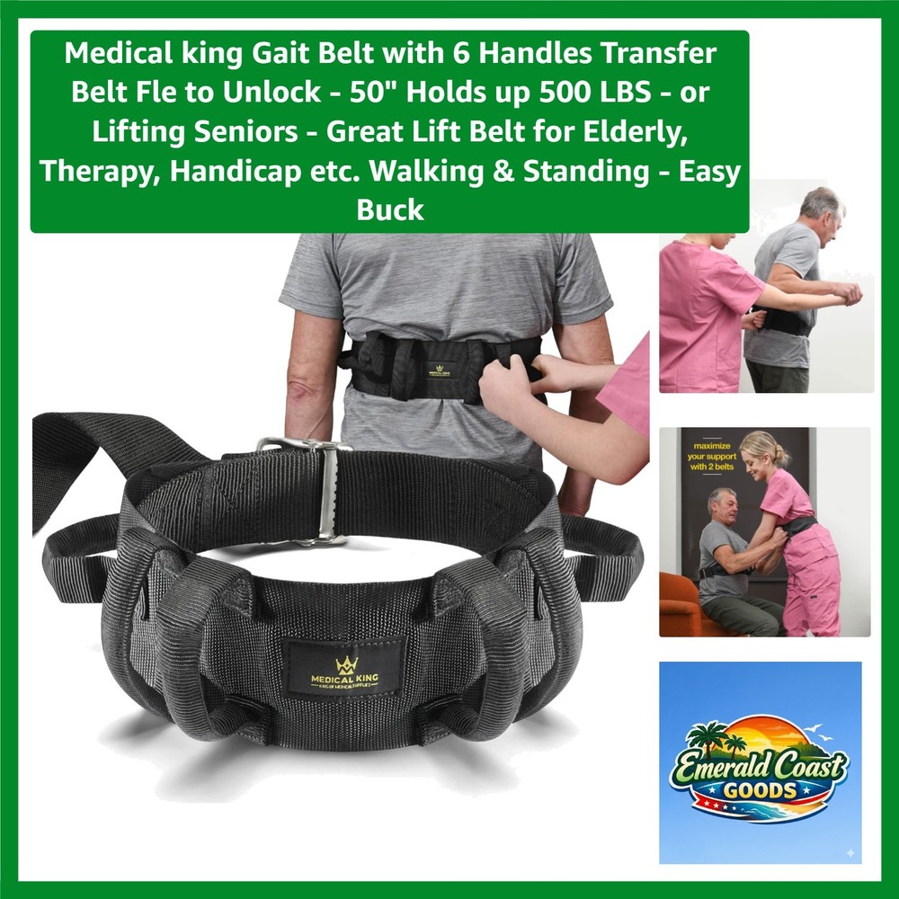 Gait Belt with 6 Handles Transfer Belt Fle to Unlock – 50″ Holds up 500 LBS -…