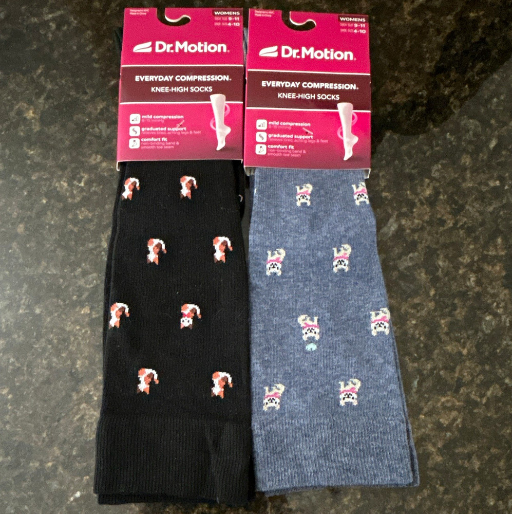 2 Pairs Dr. Motion Everyday Knee-High Compression Socks Black/Blue Size 9