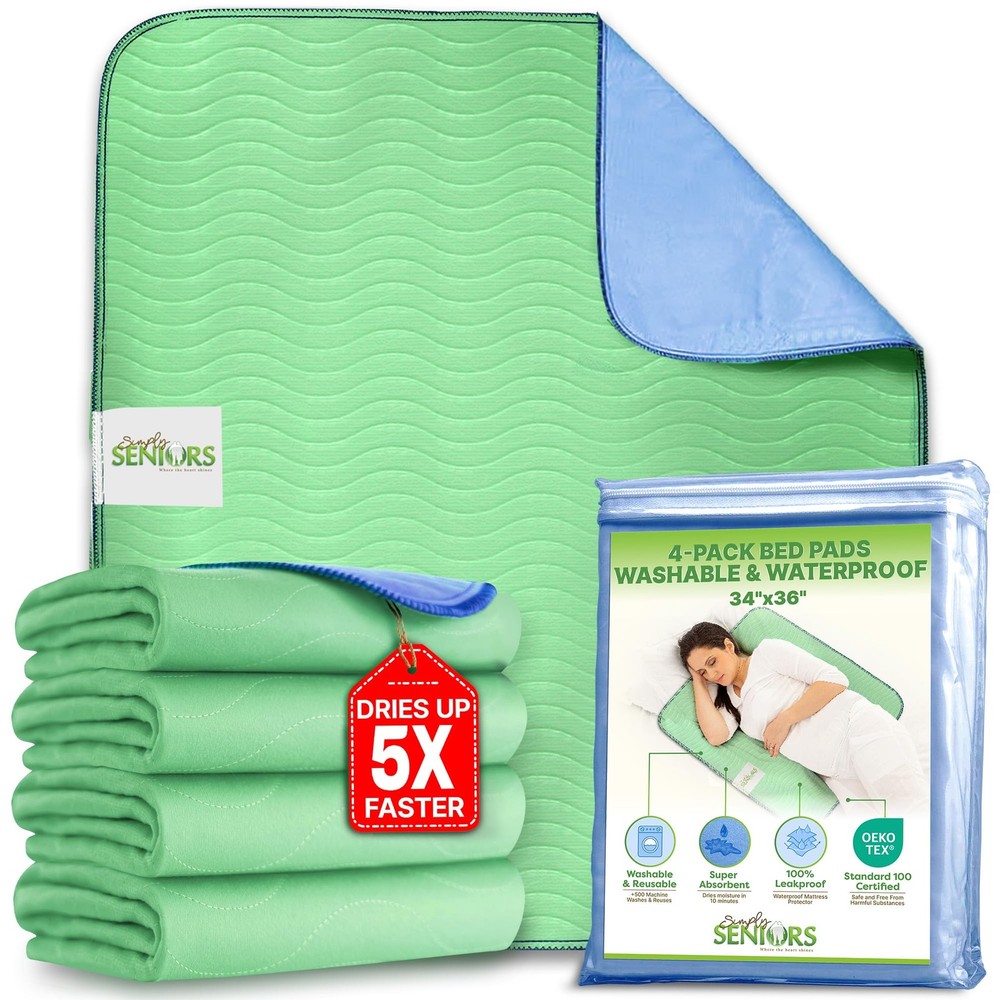 Bed Pads Washable Waterproof 34″x36″- Pack of 4 Incontinence Bed Pads & Washa…