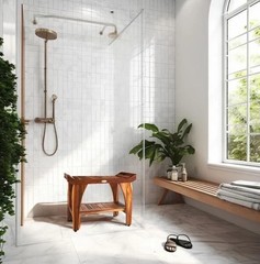 Solid Teak Shower Bench w/Shelf Arms Scandinavian Vibe Bath Spa Safety Seat 24″