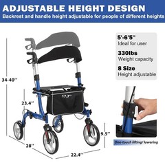 4 Wheel Rollator Walker with Seat for Seniors, Aluminum Alloy Rolling Walker