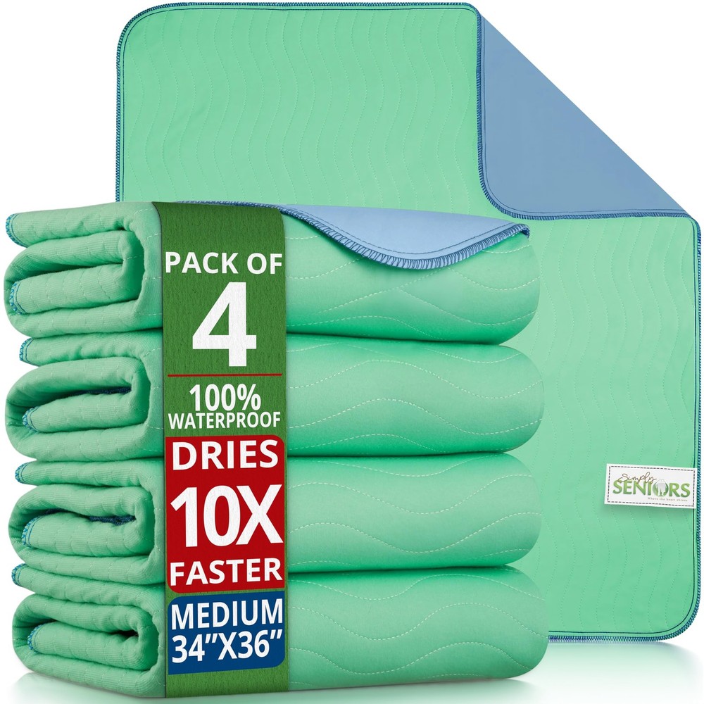 Washable Waterproof Bed Pads 34″x36″ – 4 Pack Incontinence & Pee Pads