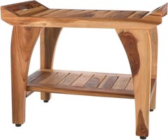Solid Teak Shower Bench w/Shelf Arms Scandinavian Vibe Bath Spa Safety Seat 24″