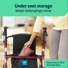 Medline Steel Rollator Walker with Seat for Seniors, Foldable, Burgundy