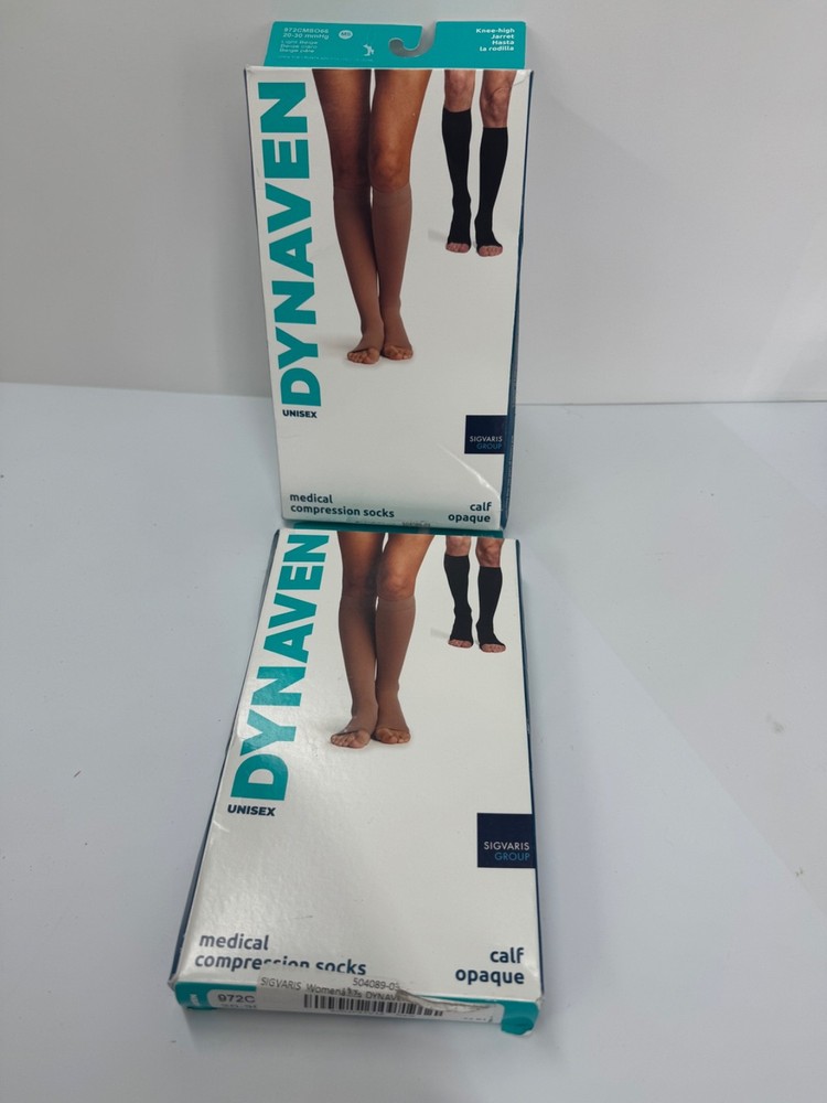 Size MS light Beige SIGVARIS Women’s DYNAVEN Open Toe Calf-High Socks 20-30mmHg