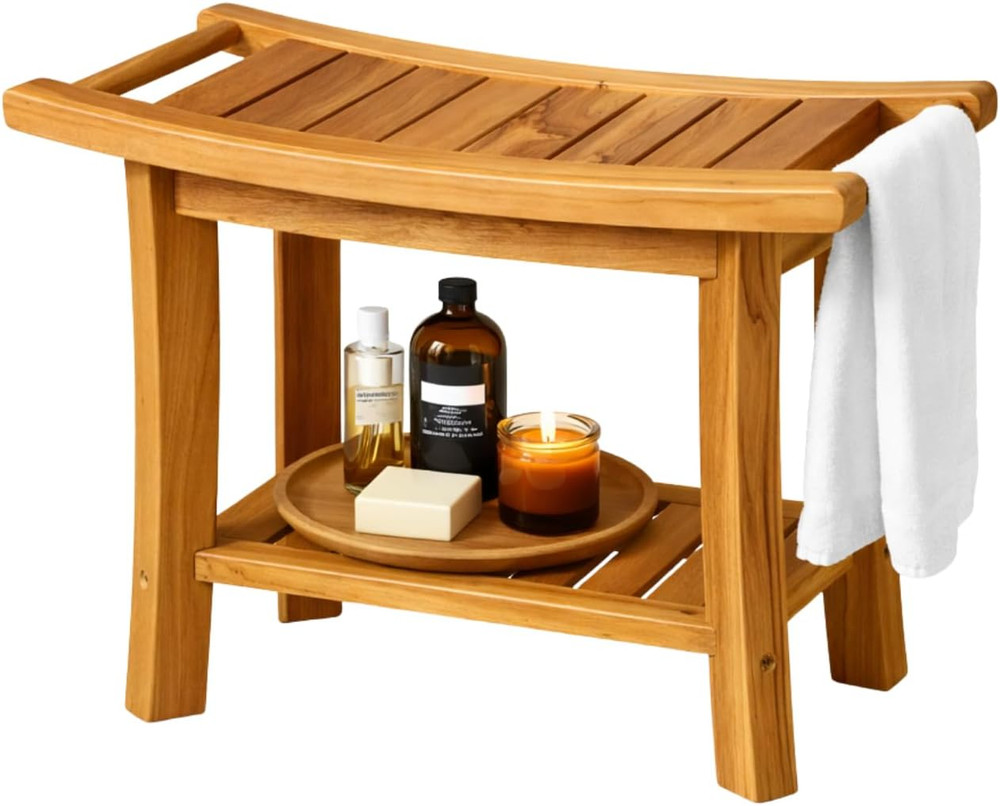 Waterproof Teak Shower Bench 22″ with Storage Shelf for Indoor & Outdoor Use