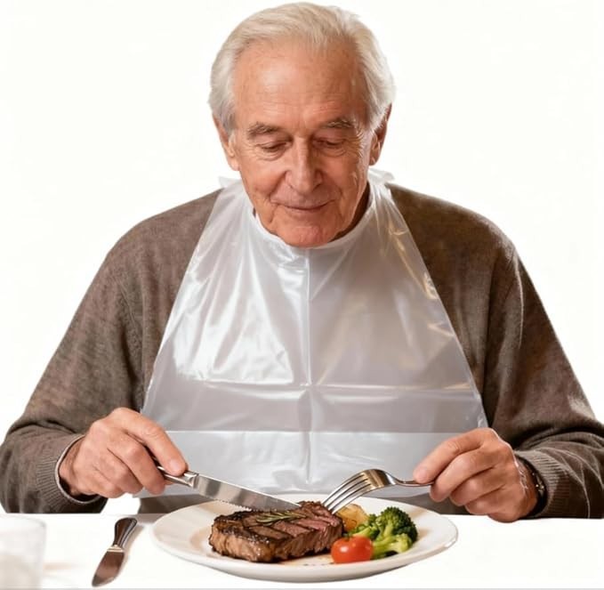 50 Pcs Disposable Adult Bibs with Adjustable Tie-on Straps, Small Pocket, Waterp