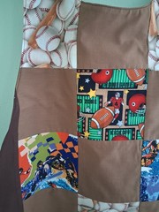 Patchwork Sports/dark brown Adult Bib, Handmade , 35 1/2” by 21 ½”, reversible