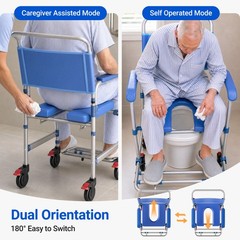 4-in-1 Rolling Bedside Commode Chair Removable Bucket Foldable Footrest Seniors