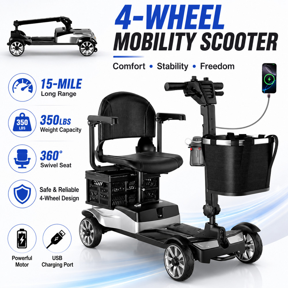 4 Wheel Mobility Scooter Adults Seniors 350W 350lbs 15 Mile Silver Swivel Seat