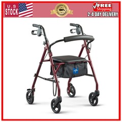 Medline Steel Rollator Walker with Seat, Foldable, Burgundy