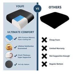 YOUFI Black Memory Foam Cooling Gel Seat Cushion, Non-Slip, Removable Cover