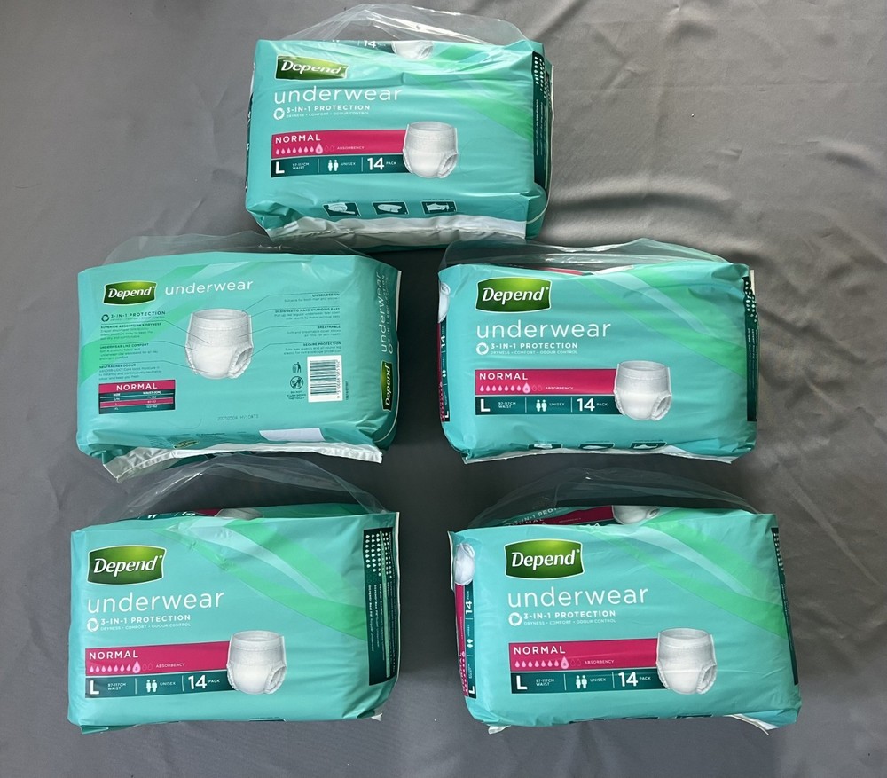 NEW x 5 (14) PACKETS DEPEND INCONTINENCE UNDERWEAR NORMAL SZ L 97 -117 cm UNISEX